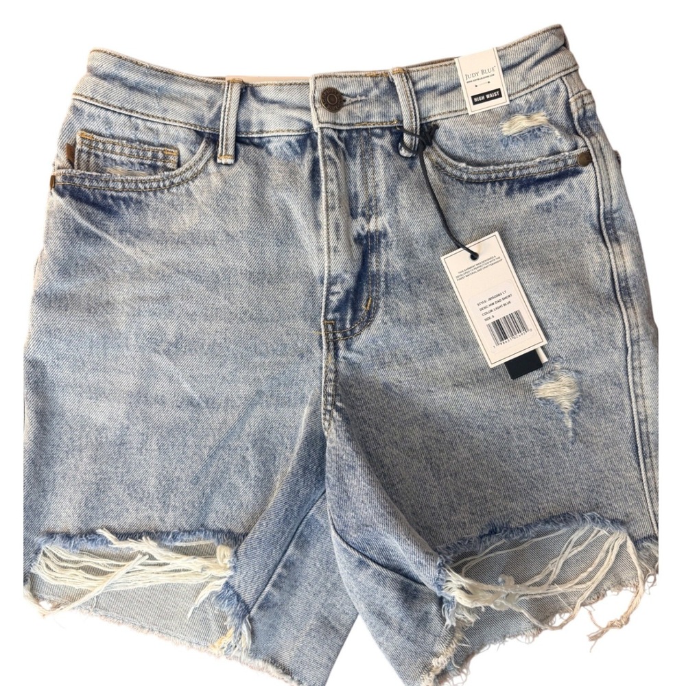 Judy Blue High Waist Dad Shorts Light Blue Distressed Denim JB150363 LT Womens S